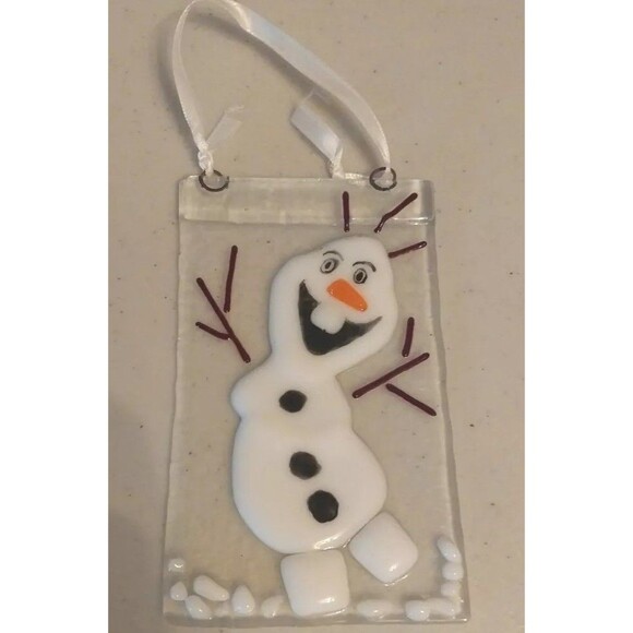 Homemade Glass Snowman Ornament Sun Catcher Hand Painted Frozen Olaf Hanging - Picture 1 of 5